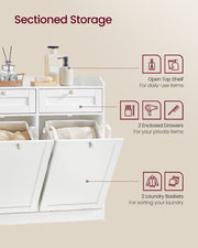 Cloud White Bathroom Storage Cabinet with Dual Laundry Baskets and Shelves by Vasagle