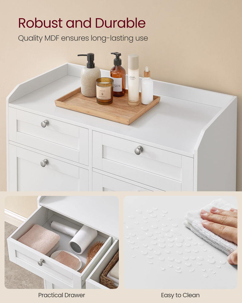 Cloud White Bathroom Storage Cabinet with Dual Laundry Baskets and Shelves by Vasagle