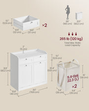 Cloud White Bathroom Storage Cabinet with Dual Laundry Baskets and Shelves by Vasagle