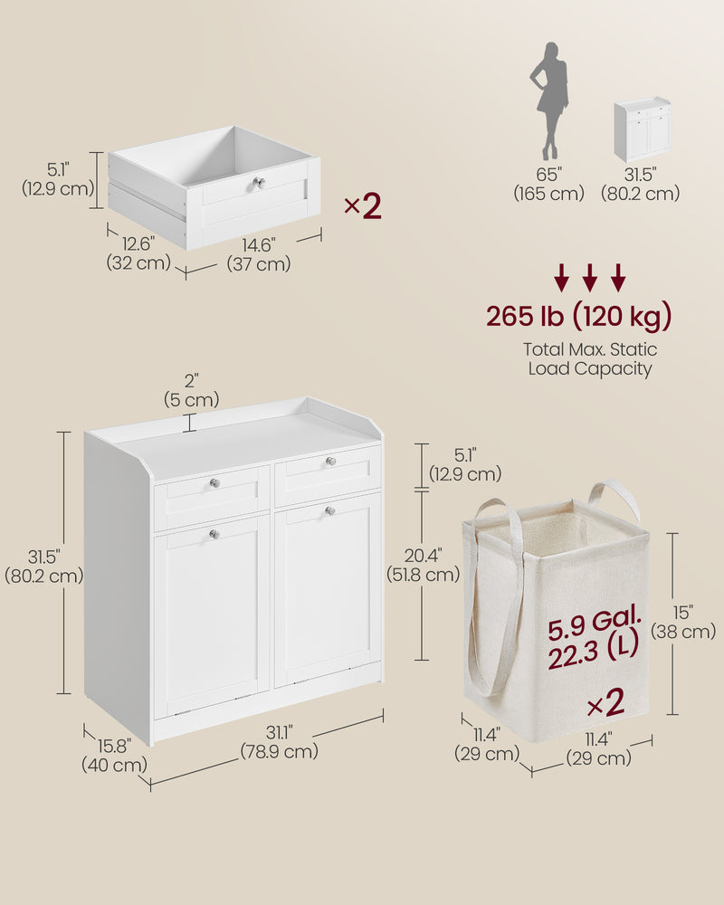 Cloud White Bathroom Storage Cabinet with Dual Laundry Baskets and Shelves by Vasagle
