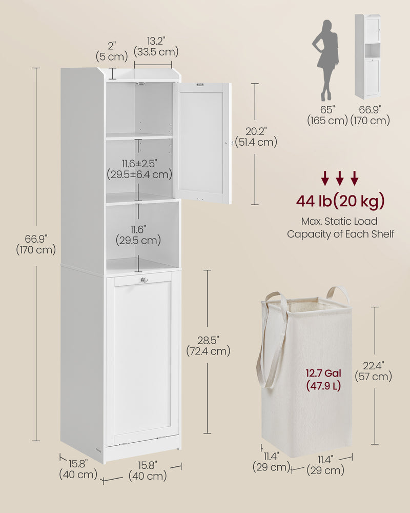 Tall White Bathroom Cabinet with Built In Laundry Basket for Organised Storage by Vasagle