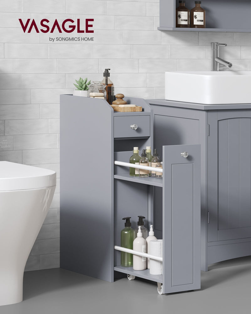 Grey Slim Freestanding Bathroom Cabinet with Storage Drawers for Small Spaces by Vasagle 40 x 18 x 70 cm
