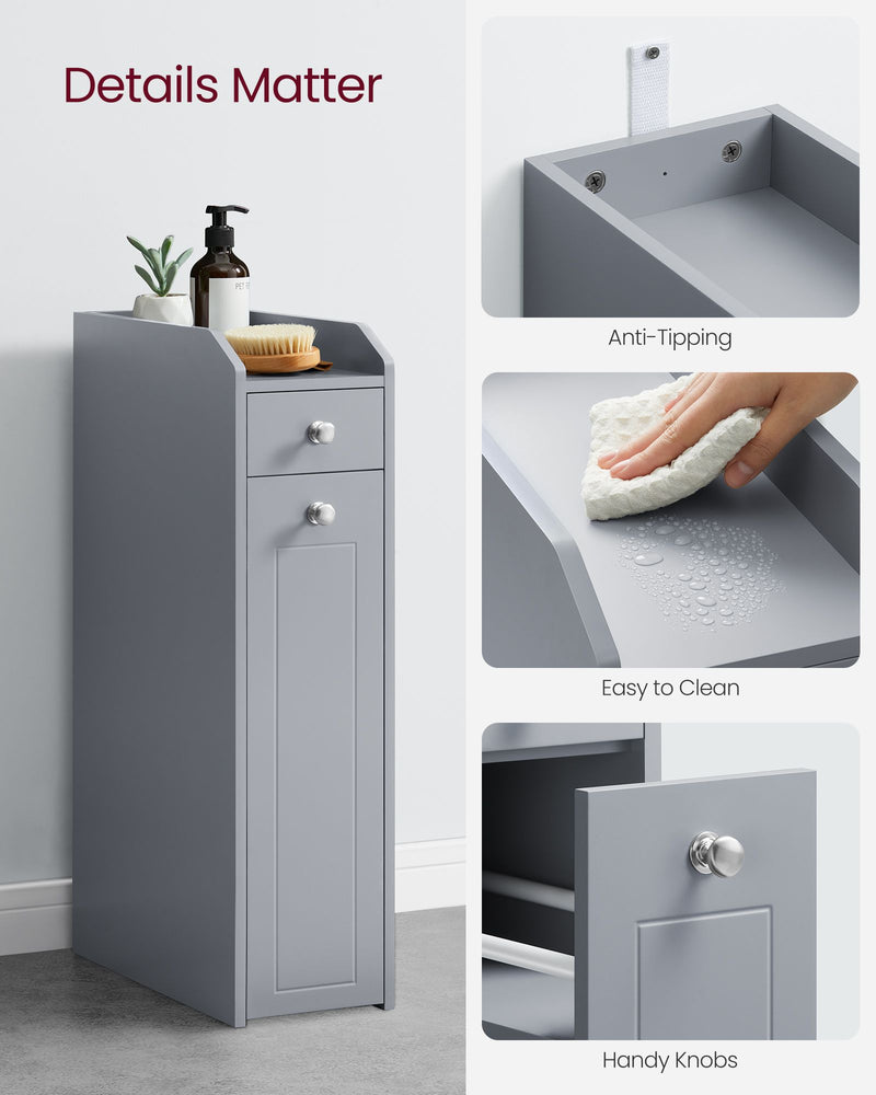 Grey Slim Freestanding Bathroom Cabinet with Storage Drawers for Small Spaces by Vasagle 40 x 18 x 70 cm