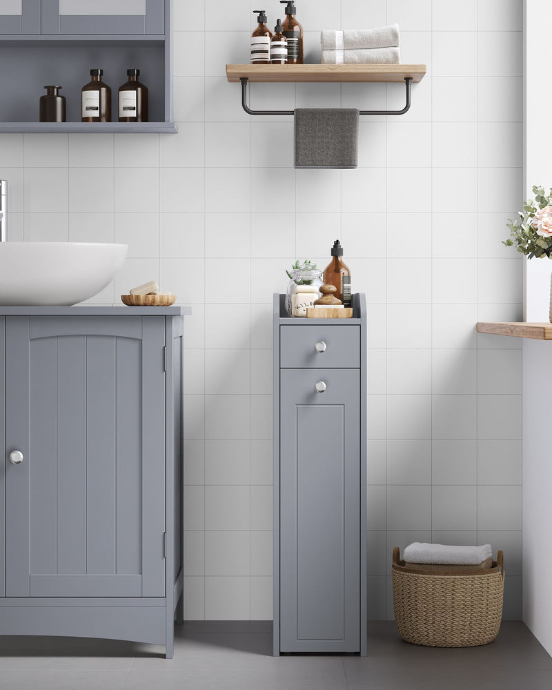 Grey Slim Freestanding Bathroom Cabinet with Storage Drawers for Small Spaces by Vasagle 40 x 18 x 70 cm