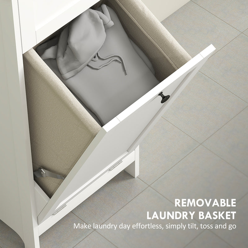 Tall White Bathroom Storage Cabinet With Tilt Out Laundry Basket For Organised Bathrooms