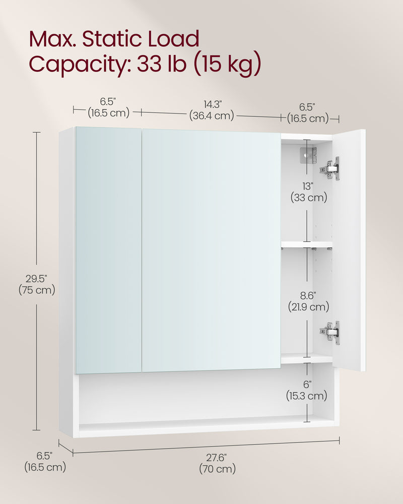 White Bathroom Mirror Cabinet 70 cm Wide with Open Shelves Wall Mounted by Vasagle