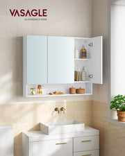 White Bathroom Mirror Cabinet 90 cm Wide with Open Shelves for Storage by Vasagle