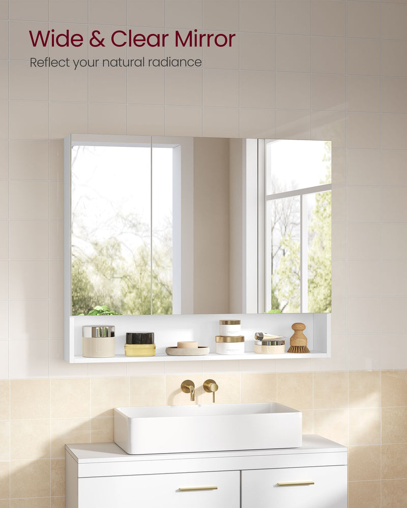 White Bathroom Mirror Cabinet 90 cm Wide with Open Shelves for Storage by Vasagle