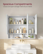 White Bathroom Mirror Cabinet 90 cm Wide with Open Shelves for Storage by Vasagle