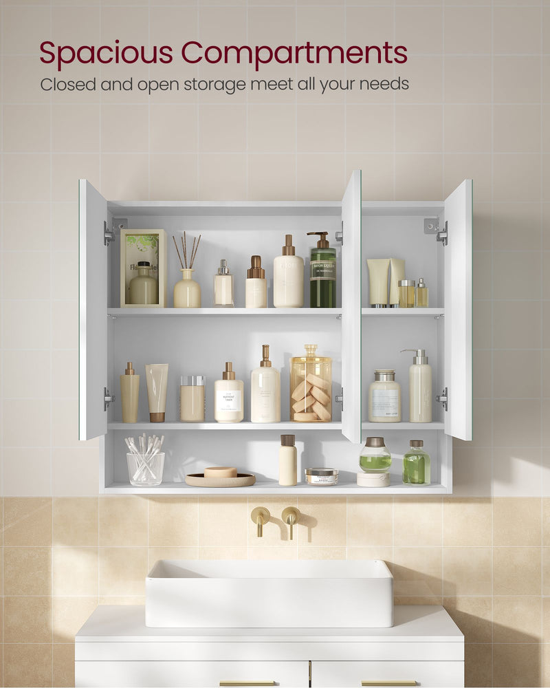 White Bathroom Mirror Cabinet 90 cm Wide with Open Shelves for Storage by Vasagle