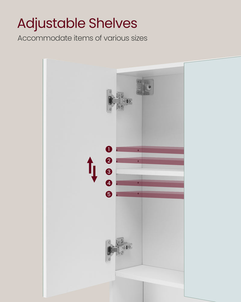 White Bathroom Mirror Cabinet 90 cm Wide with Open Shelves for Storage by Vasagle