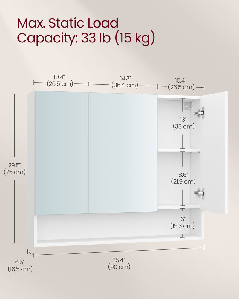 White Bathroom Mirror Cabinet 90 cm Wide with Open Shelves for Storage by Vasagle
