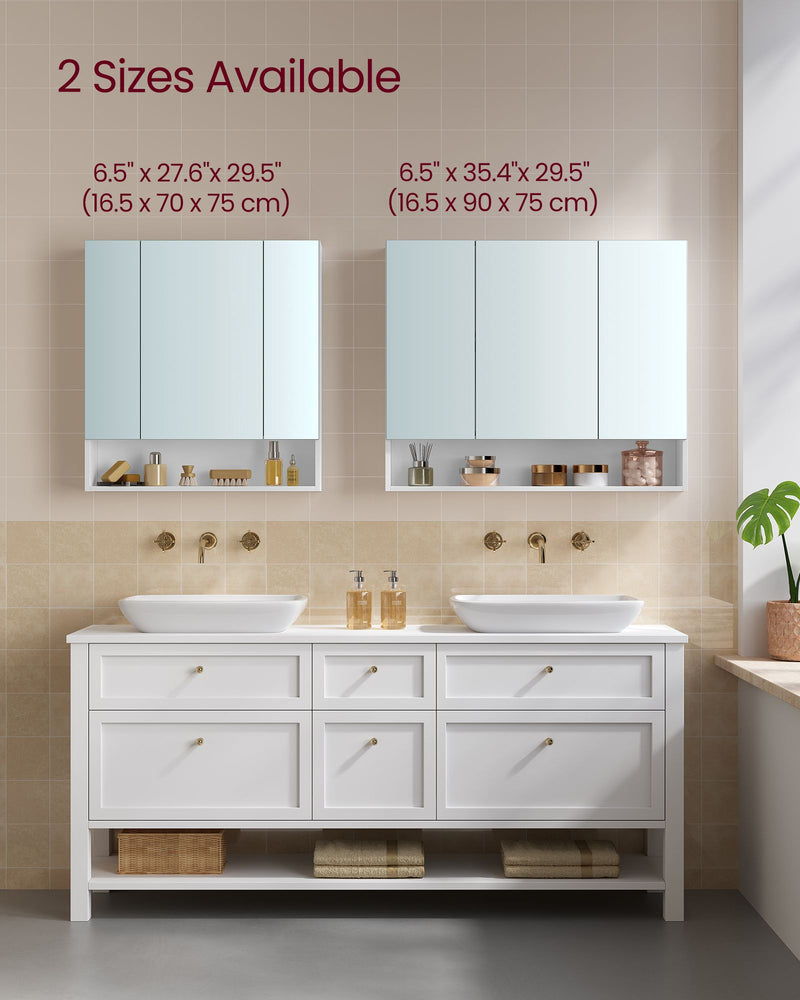 White Bathroom Mirror Cabinet 90 cm Wide with Open Shelves for Storage by Vasagle