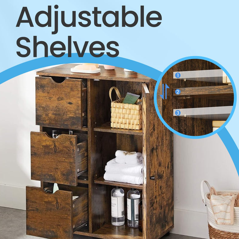 Rustic Brown Bathroom Floor Cabinet with Drawers and Adjustable Shelves for Storage by Vasagle