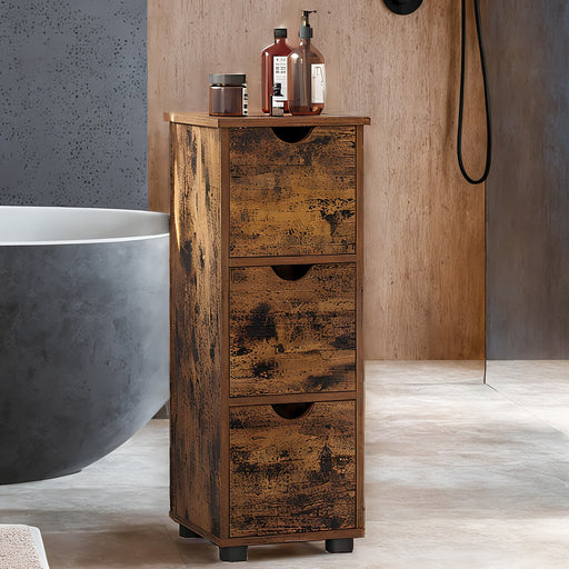 Rustic Brown Bathroom Storage Cabinet with 3 Drawers for Towels and Toiletries by Vasagle