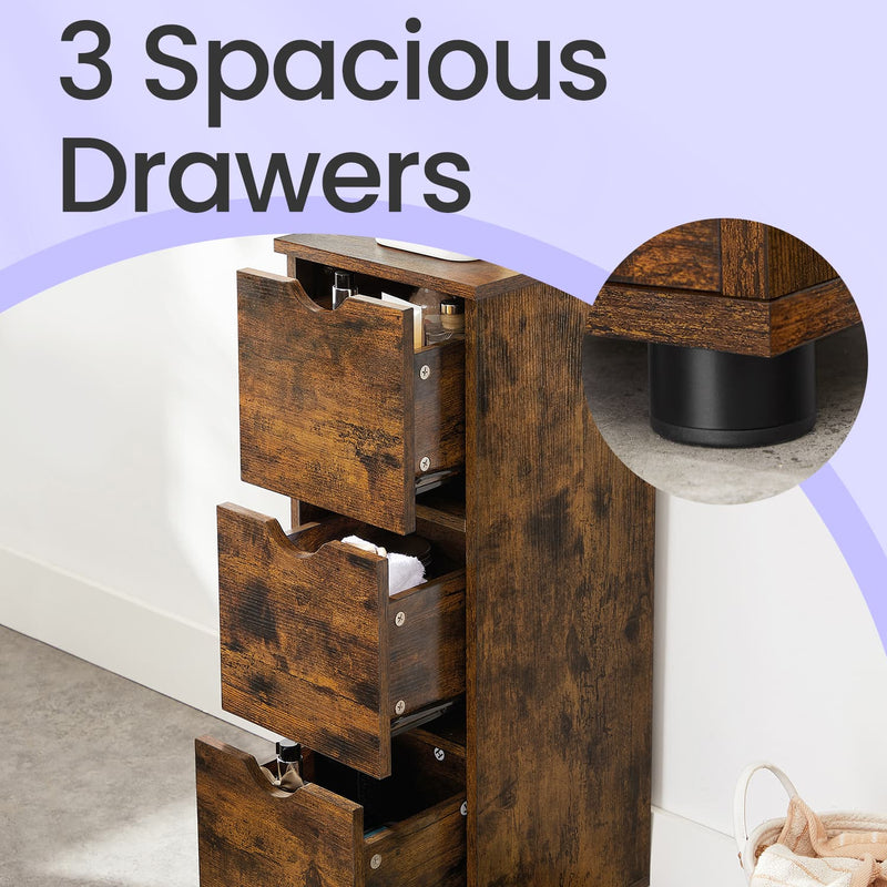 Rustic Brown Bathroom Storage Cabinet with 3 Drawers for Towels and Toiletries by Vasagle