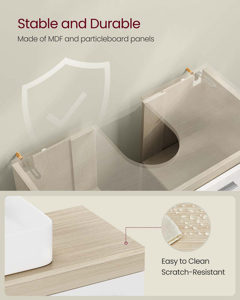 Under Sink Bathroom Cabinet with Adjustable Storage in Natural Beige and Cloud White by Vasagle