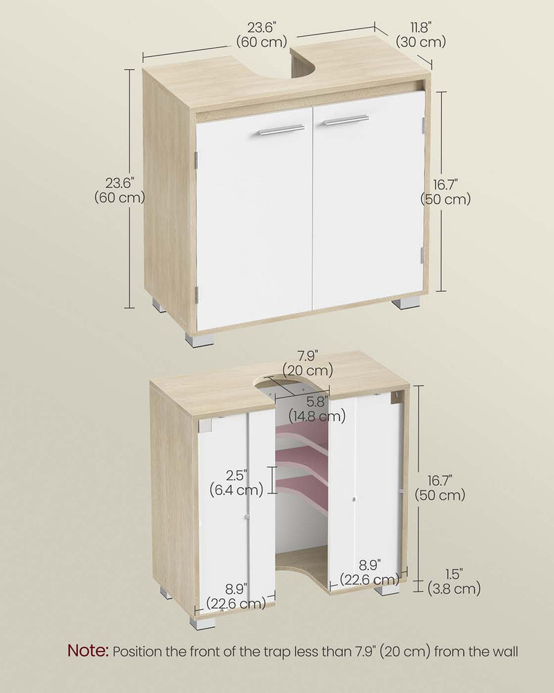 Under Sink Bathroom Cabinet with Adjustable Storage in Natural Beige and Cloud White by Vasagle