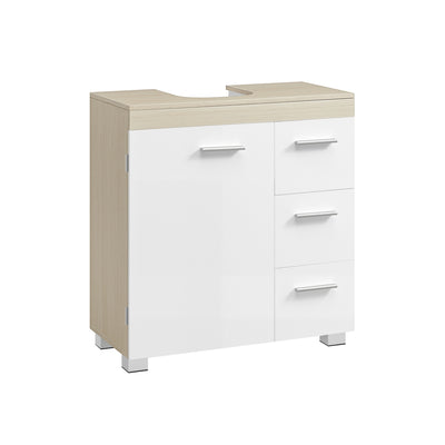 Under Sink Bathroom Storage Cabinet For Pedestal and Non Pedestal Basins with 3 Drawers - White & Oak VASAGLE