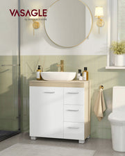 Under Sink Bathroom Storage Cabinet For Pedestal and Non Pedestal Basins with 3 Drawers - White & Oak VASAGLE