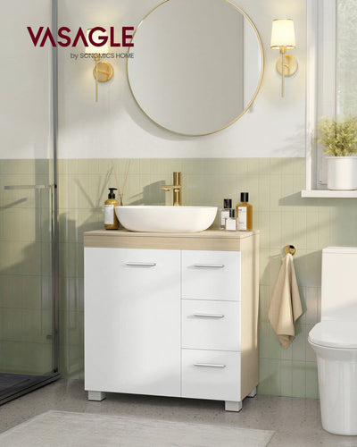 Under Sink Bathroom Storage Cabinet For Pedestal and Non Pedestal Basins with 3 Drawers - White & Oak VASAGLE