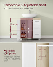 Under Sink Bathroom Storage Cabinet For Pedestal and Non Pedestal Basins with 3 Drawers - White & Oak VASAGLE