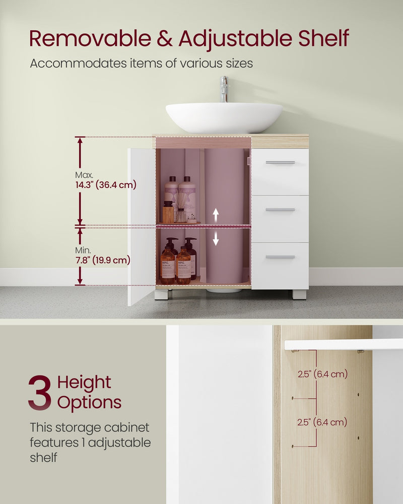 Under Sink Bathroom Storage Cabinet For Pedestal and Non Pedestal Basins with 3 Drawers - White & Oak VASAGLE