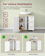 Under Sink Bathroom Storage Cabinet For Pedestal and Non Pedestal Basins with 3 Drawers - White & Oak VASAGLE