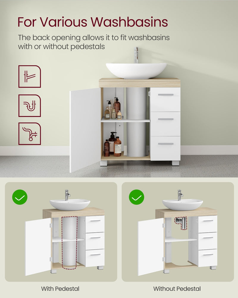 Under Sink Bathroom Storage Cabinet For Pedestal and Non Pedestal Basins with 3 Drawers - White & Oak VASAGLE