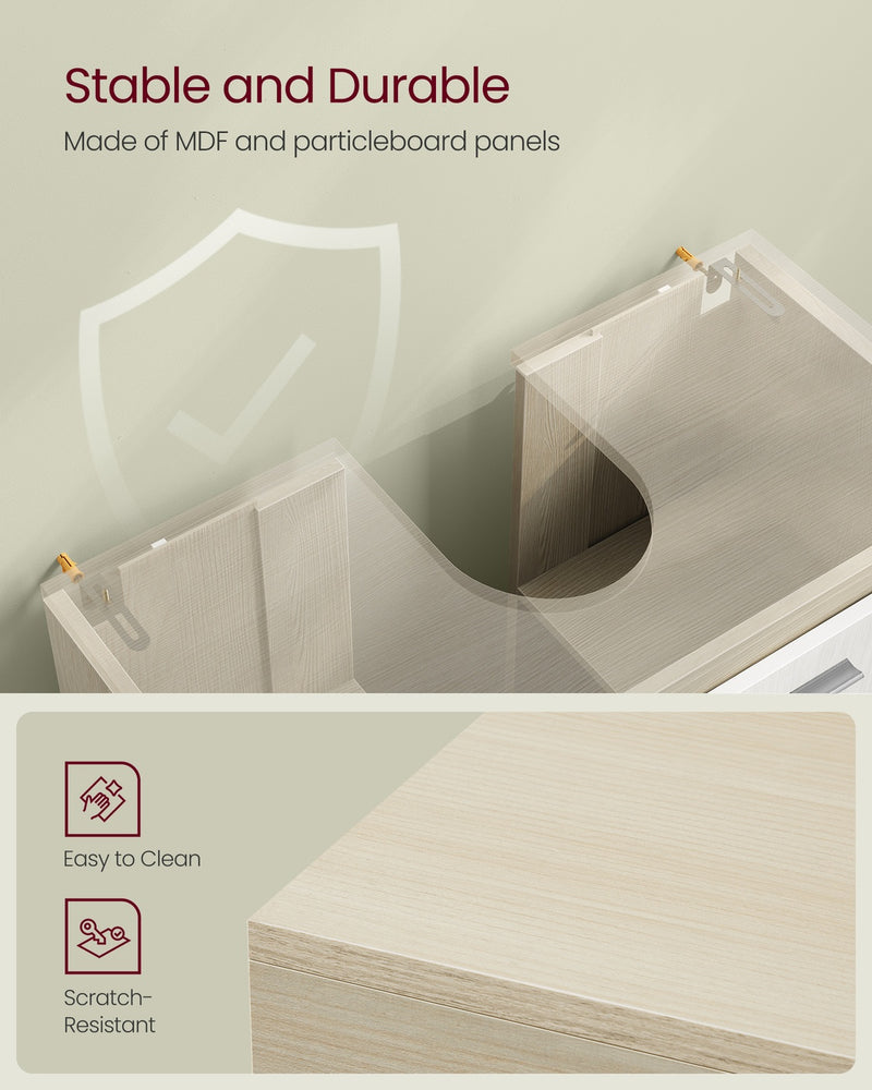 Under Sink Bathroom Storage Cabinet For Pedestal and Non Pedestal Basins with 3 Drawers - White & Oak VASAGLE