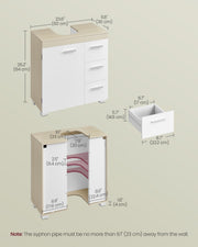 Under Sink Bathroom Storage Cabinet For Pedestal and Non Pedestal Basins with 3 Drawers - White & Oak VASAGLE