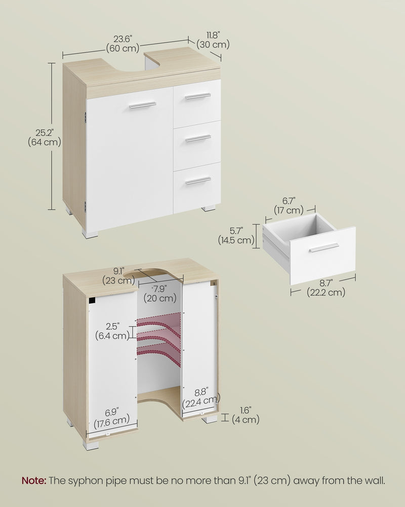 Under Sink Bathroom Storage Cabinet For Pedestal and Non Pedestal Basins with 3 Drawers - White & Oak VASAGLE