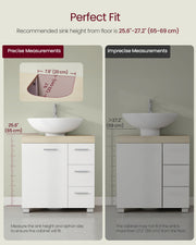 Under Sink Bathroom Storage Cabinet For Pedestal and Non Pedestal Basins with 3 Drawers - White & Oak VASAGLE
