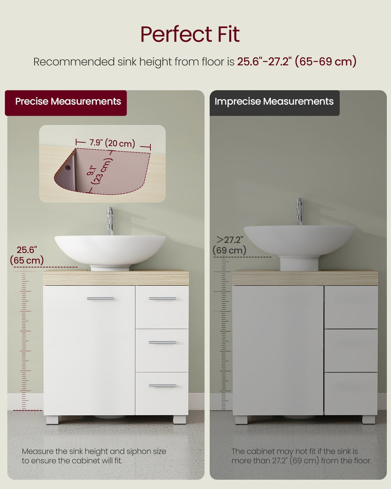 Under Sink Bathroom Storage Cabinet For Pedestal and Non Pedestal Basins with 3 Drawers - White & Oak VASAGLE