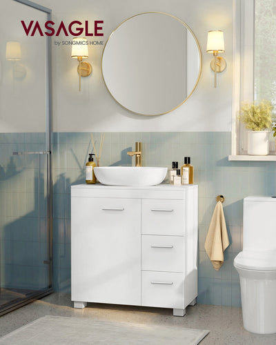 White Under Sink Bathroom Cabinet with 3 Drawers and 2 Compartments For Pedestal and Non Pedestal Basins VASAGLE