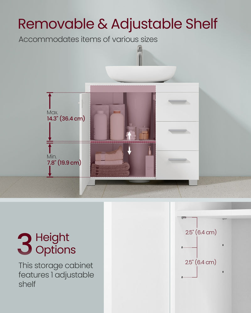 White Under Sink Bathroom Cabinet with 3 Drawers and 2 Compartments For Pedestal and Non Pedestal Basins VASAGLE