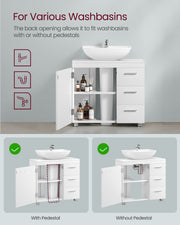 White Under Sink Bathroom Cabinet with 3 Drawers and 2 Compartments For Pedestal and Non Pedestal Basins VASAGLE