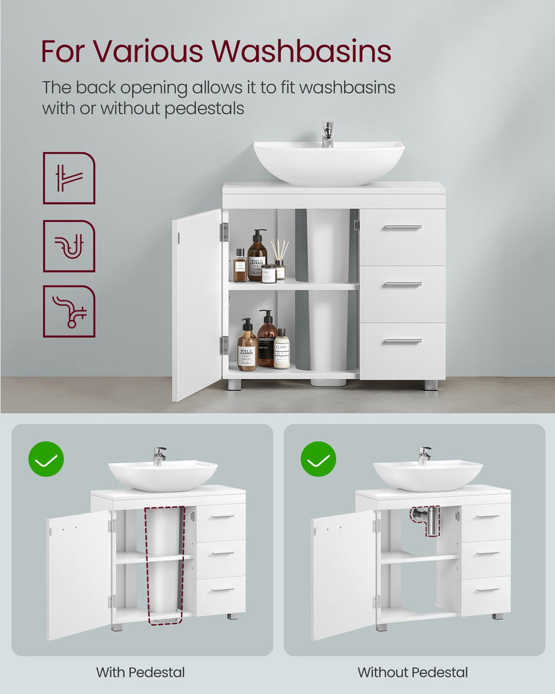 White Under Sink Bathroom Cabinet with 3 Drawers and 2 Compartments For Pedestal and Non Pedestal Basins VASAGLE