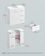 White Under Sink Bathroom Cabinet with 3 Drawers and 2 Compartments For Pedestal and Non Pedestal Basins VASAGLE