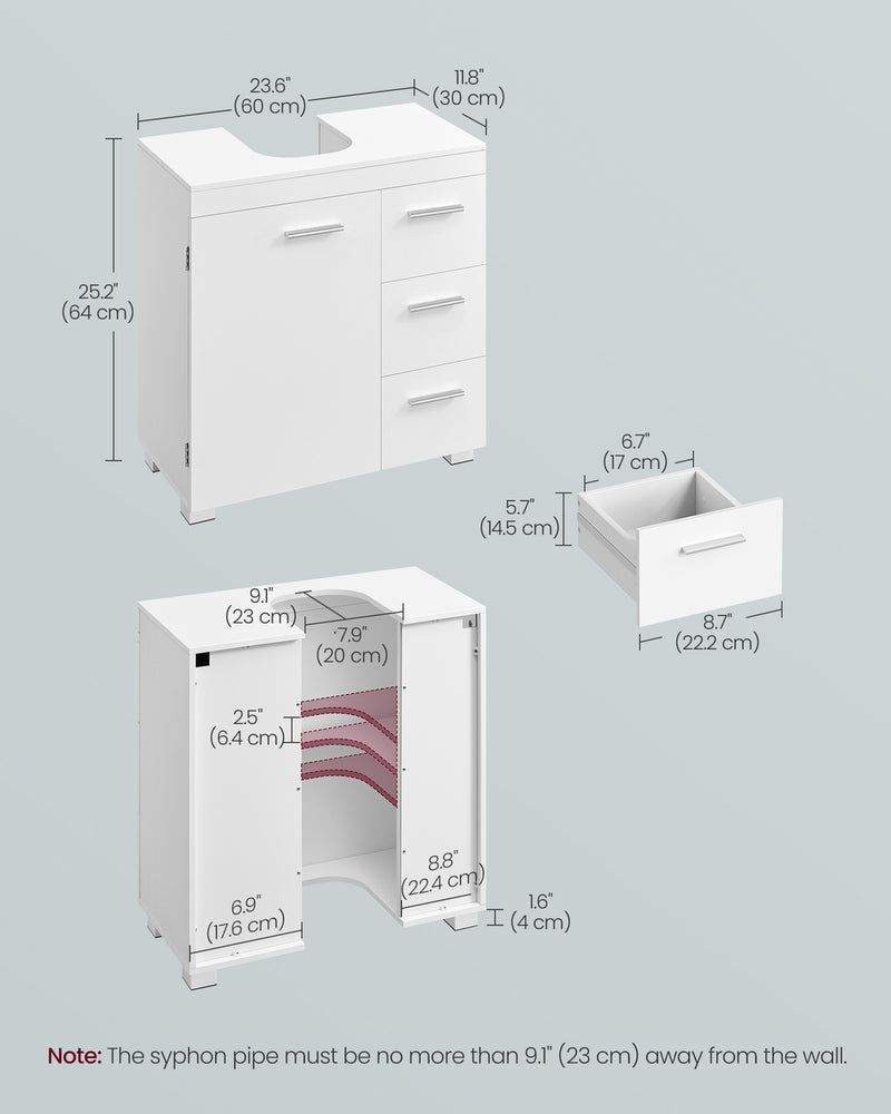 White Under Sink Bathroom Cabinet with 3 Drawers and 2 Compartments For Pedestal and Non Pedestal Basins VASAGLE