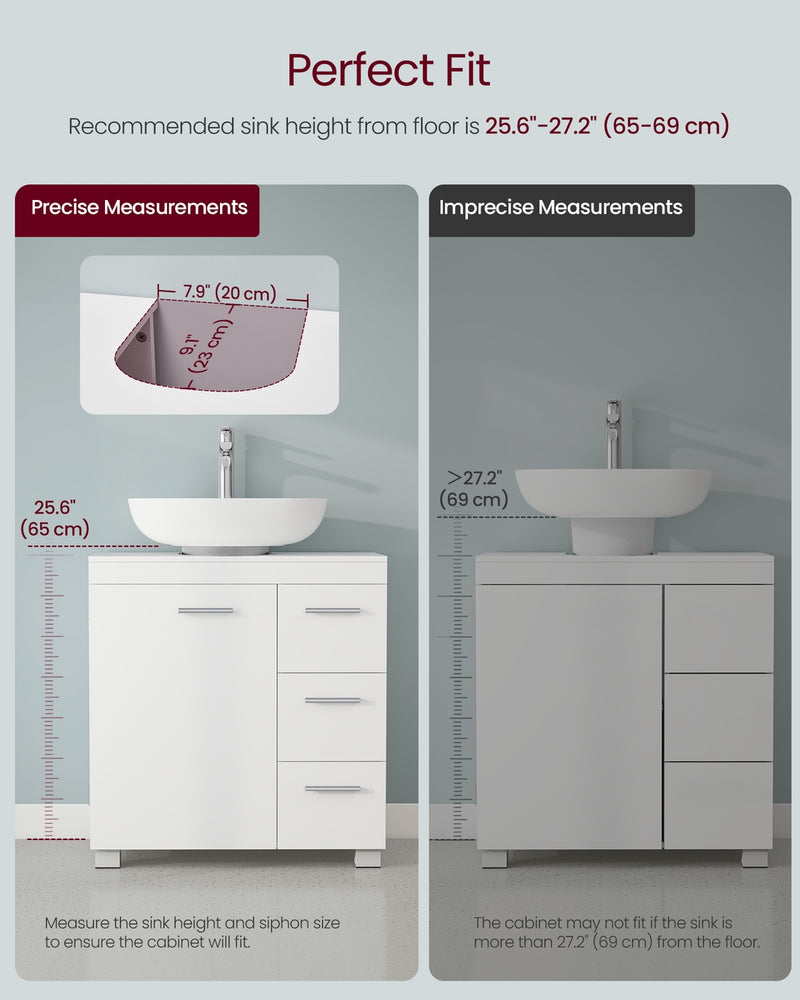 White Under Sink Bathroom Cabinet with 3 Drawers and 2 Compartments For Pedestal and Non Pedestal Basins VASAGLE