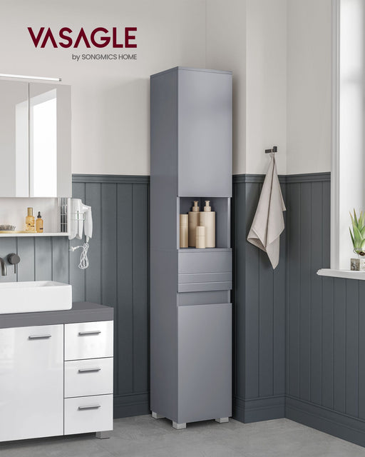 Slim Grey Bathroom Storage Cabinet with Drawer and Adjustable Shelf by Vasagle