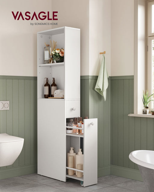 Tall White Bathroom Storage Cabinet with Shelves and Drawer for Small Spaces by Vasagle