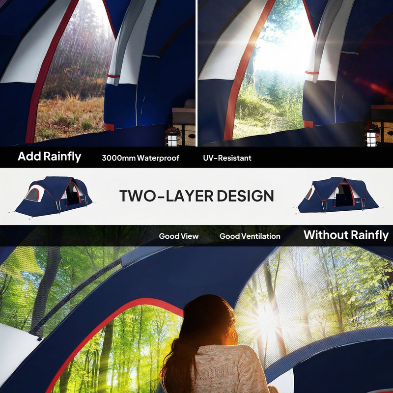 Large Family Tunnel Camping Tent With Rainfly, Groundsheet & Mesh Windows, Navy Blue