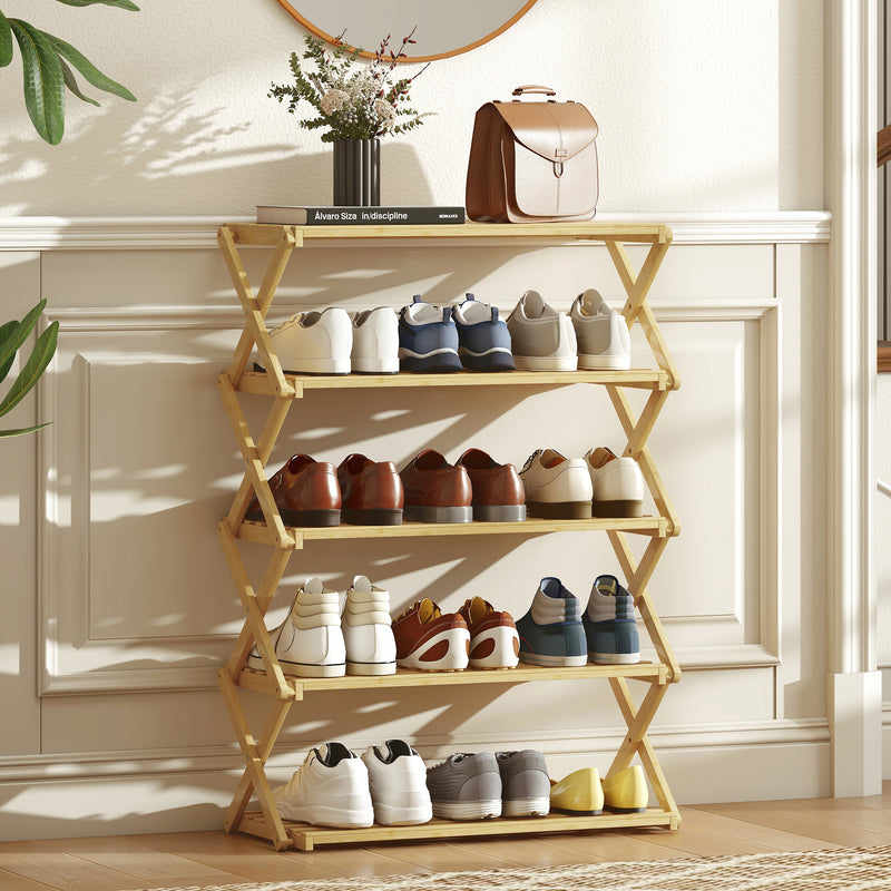 Five Tier Folding Bamboo Shoe Rack Space Saving Storage Organiser For Hallway Natural AOSOM