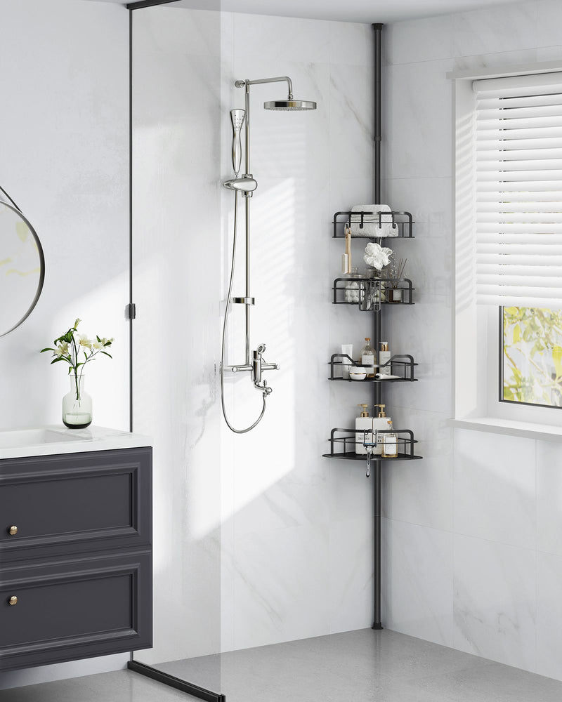 4 Tier Corner Shower Caddy Tension Pole No Drill Rustproof Storage Rack Ink Black by Songmics