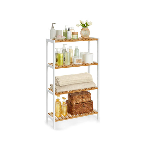4 Tier Bamboo Storage Shelf White and Natural Wood Freestanding Unit by Songmics