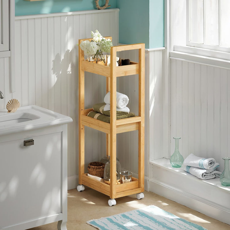 Slim 3 Tier Bathroom Storage Trolley on Wheels Space Saving Shelf Unit by Songmics
