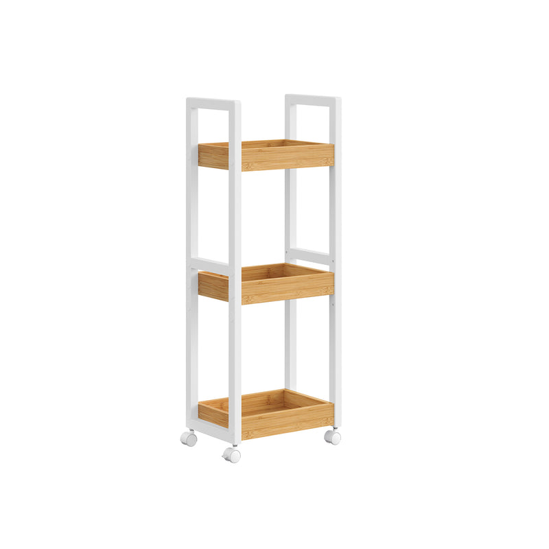 Slim 3 Tier Storage Trolley White and Natural Wood Finish for Kitchen or Bathroom by Songmics
