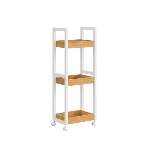 Slim 3 Tier Storage Trolley White and Natural Wood Finish for Kitchen or Bathroom by Songmics